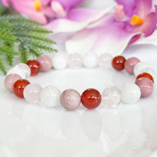 Bracelet "Bien-être & Équilibre" en Rhodonite, Cornaline, Quartz Rose et Pierre de Lune