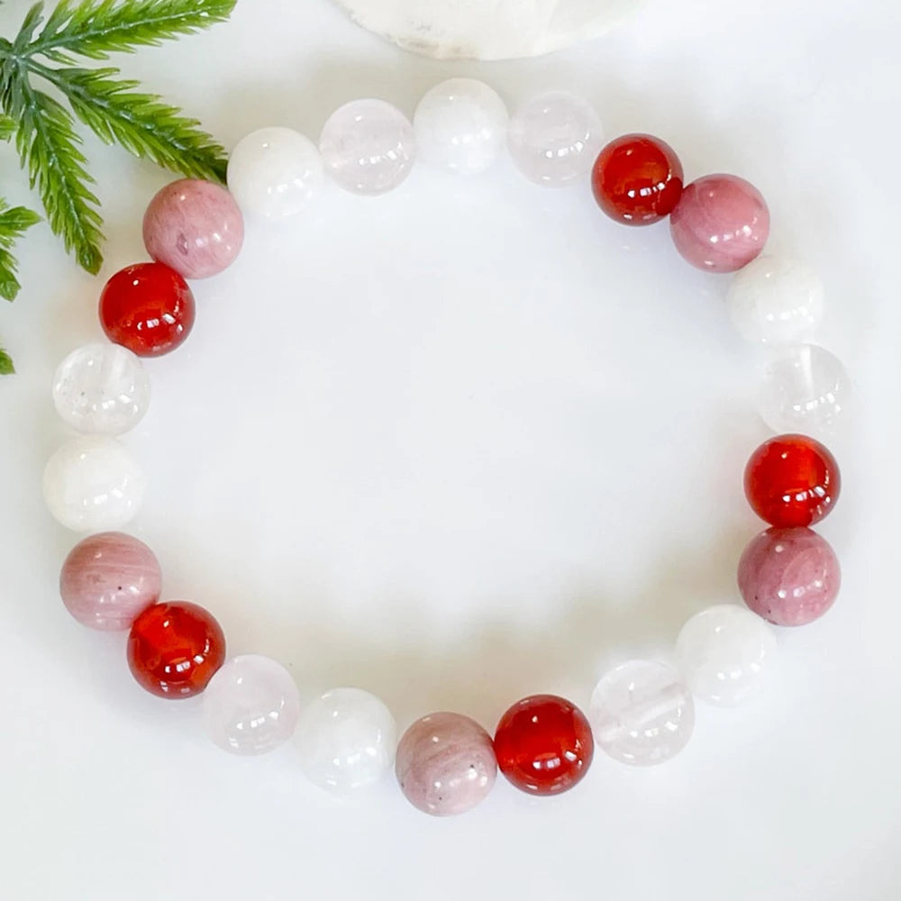 Bracelet "Bien-être & Équilibre" en Rhodonite, Cornaline, Quartz Rose et Pierre de Lune