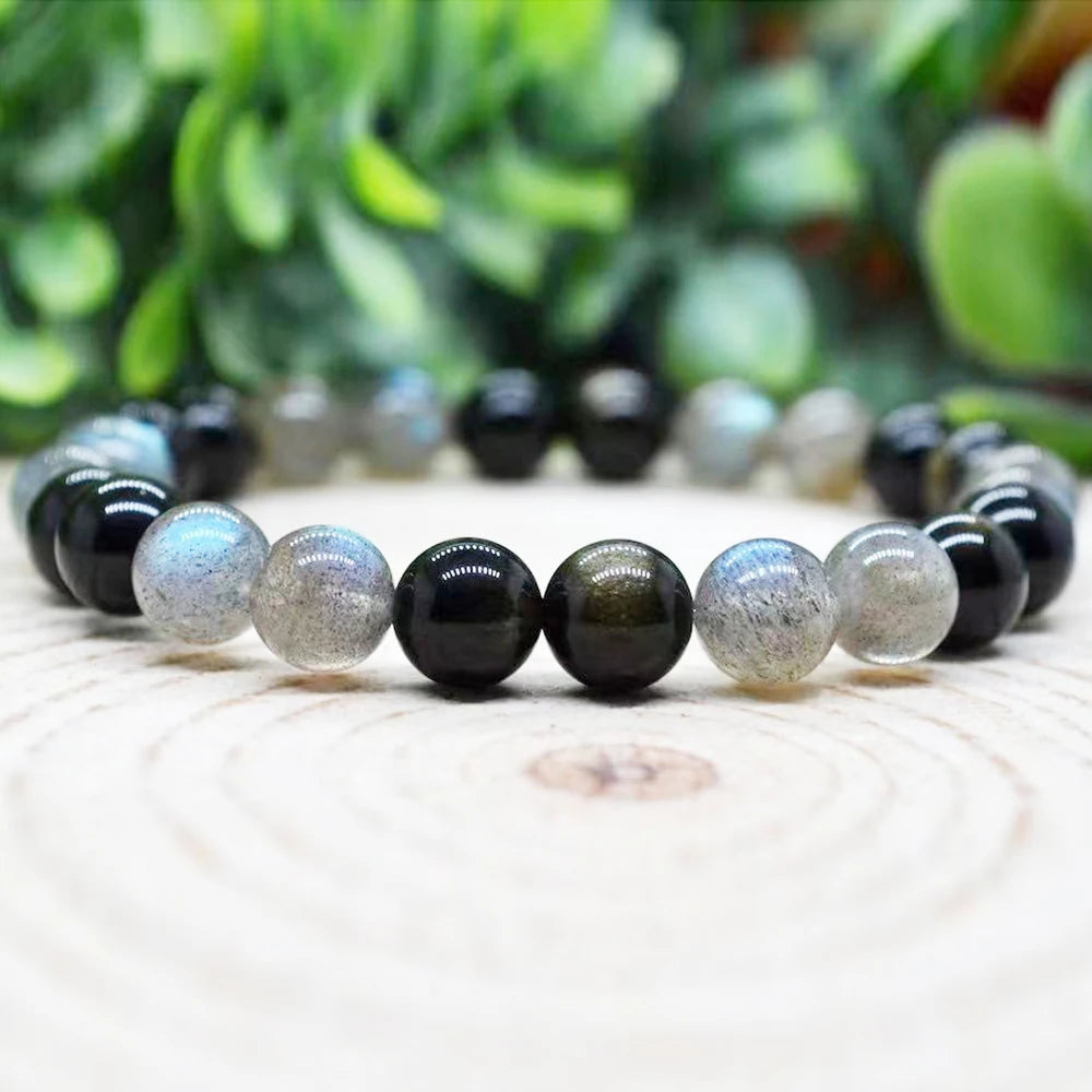 Bracelet "Bouclier Aurique" en Obsidienne Dorée & Labradorite