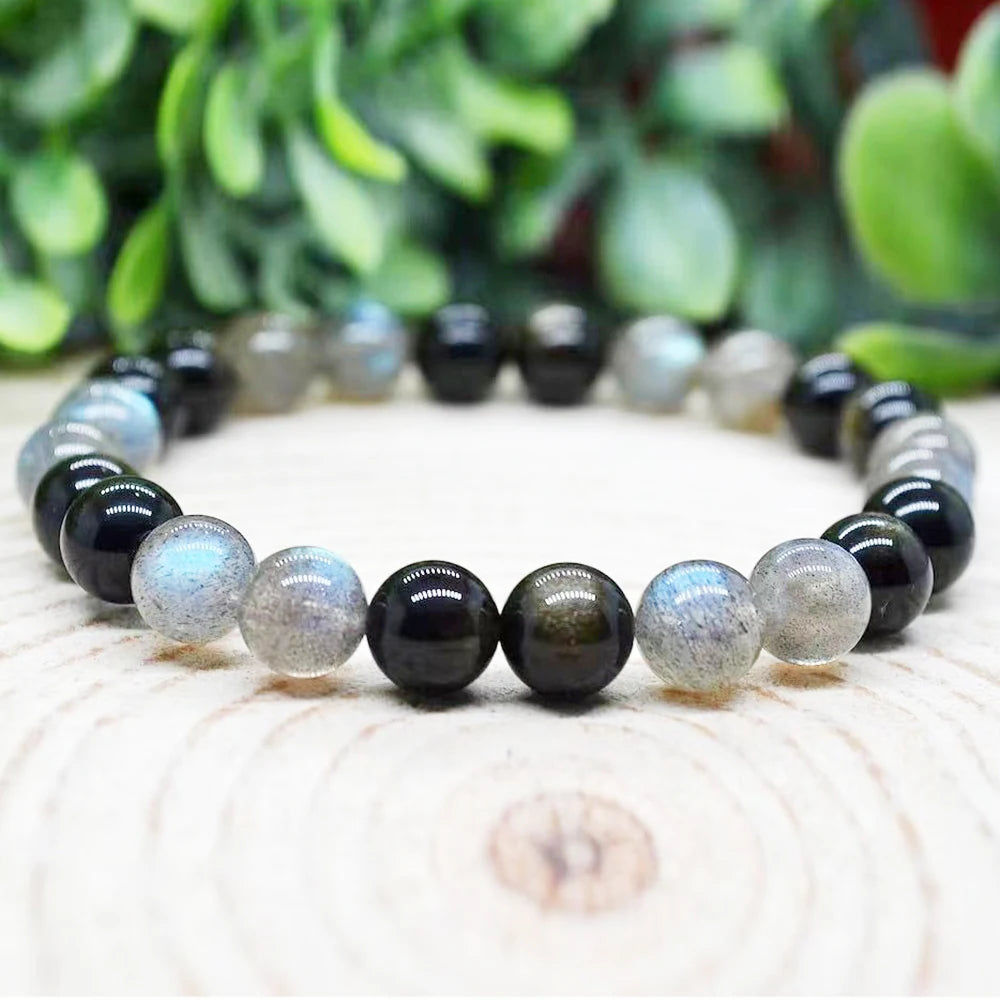 Bracelet "Bouclier Aurique" en Obsidienne Dorée & Labradorite