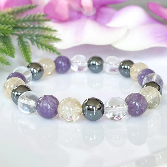 Bracelet "Compagnon de Lumière" en Hématite, Cristal de Roche, Lépidolite & Citrine