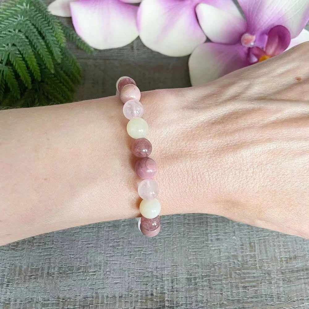 Bracelet "Harmonie & Douceur" en Quartz Rose, Pierre de Lune, Quartz Fraise et Rhodonite