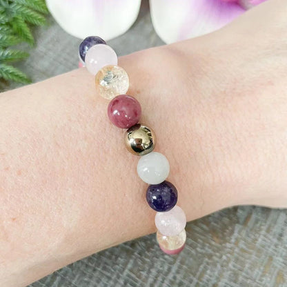 Bracelet "Harmonie & Équilibre" en Pyrite, Rhodonite, Quartz Rutile Doré, Quartz Rose, Lépidolite et Aigue-Marine