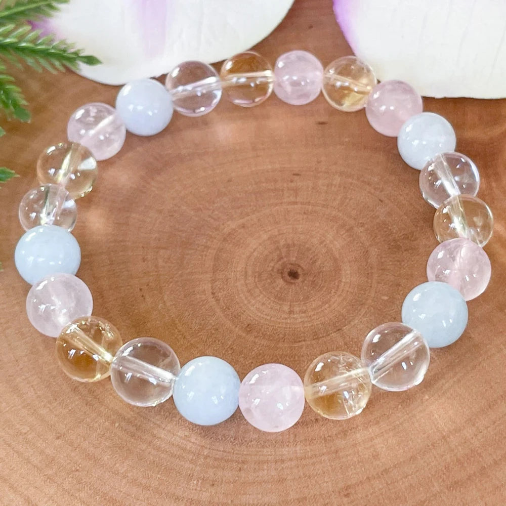 Bracelet "Harmonie & Sérénité" en Quartz Rose, Citrine, Cristal de Roche et Aigue-Marine