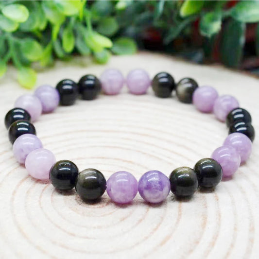 Bracelet "Sérénité et Protection" en Lépidolite et Obsidienne Dorée