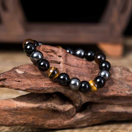 Bracelet "Triple Protection" en Œil de Tigre, Obsidienne Noire & Hématite